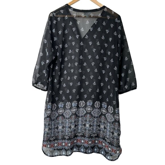 J Jill Sheer Mini Dress Sz Mp Geometric Black 3/4 Sleeve V Neck Cover Up Beachy - Picture 3 of 12